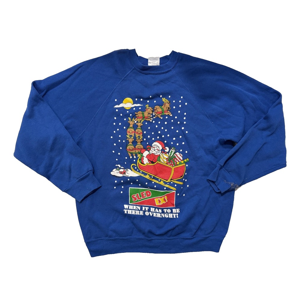 Vintage 90s Christmas‎ Sweatshirt Women M/L Sled Ex Santa Reindeer Blue Holiday